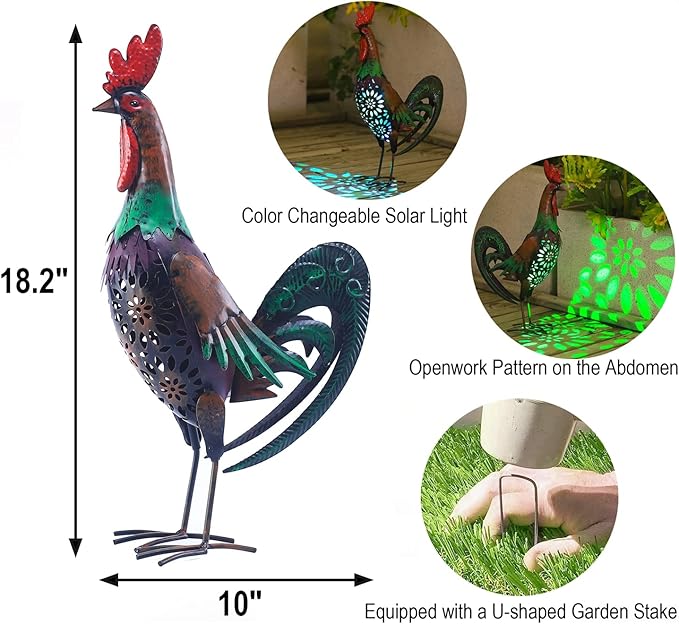 Solar Animal Lights Outdoor-18.2" Big Rooster Figurine Garden Decor with Metal Yard Art.Rooster Statue Light for Pathway Patio Backyard Decoration Lawn Ornaments
