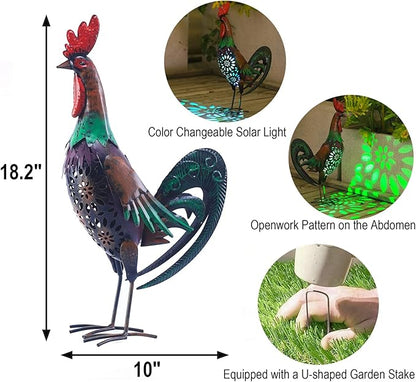 Solar Animal Lights Outdoor-18.2" Big Rooster Figurine Garden Decor with Metal Yard Art.Rooster Statue Light for Pathway Patio Backyard Decoration Lawn Ornaments