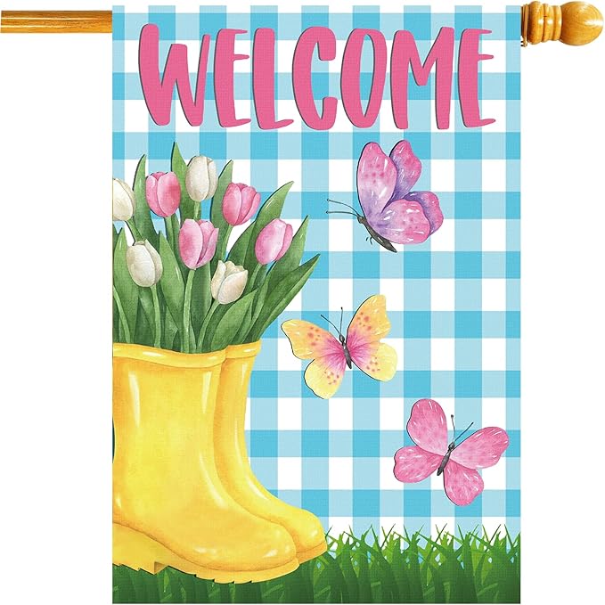 Spring House Flag 28"x40" Yellow Rain Boots with Tulips Butterflies Blue Gingham Welcome Double Sided Garden Decor for Yard Porch Outdoor