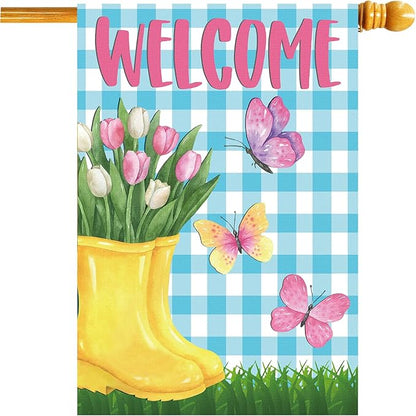 Spring House Flag 28"x40" Yellow Rain Boots with Tulips Butterflies Blue Gingham Welcome Double Sided Garden Decor for Yard Porch Outdoor