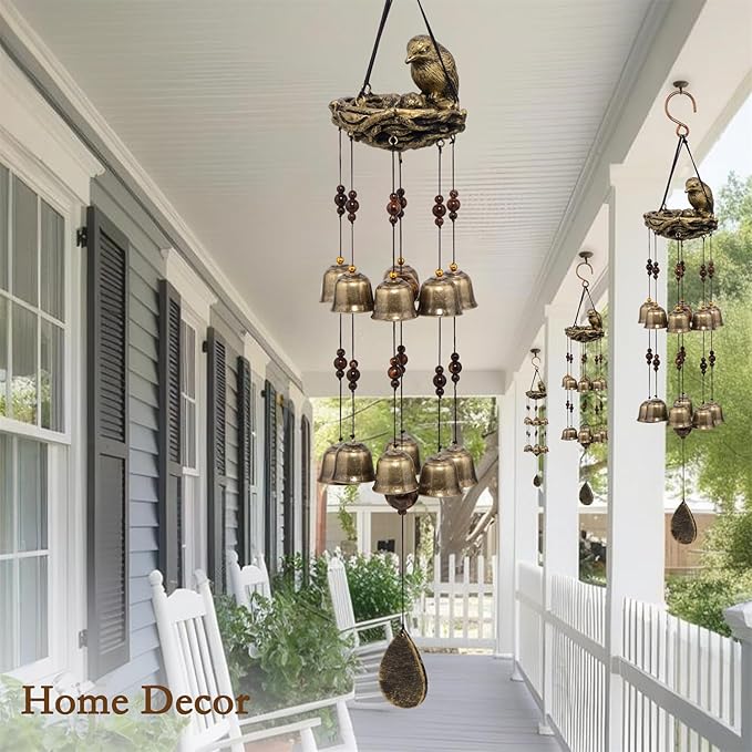 Bird Nest Wind Chime, A Mother‘s Love in Every Breeze | 25” Bronze Resin Nest with 12 Wind Bells, Soothing Gift for Mother's Day, Garden, Yard, Patio Decor