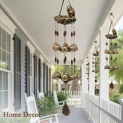 Bird Nest Wind Chime, A Mother‘s Love in Every Breeze | 25” Bronze Resin Nest with 12 Wind Bells, Soothing Gift for Mother's Day, Garden, Yard, Patio Decor