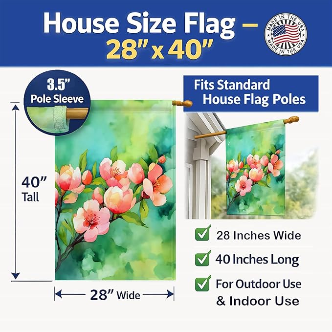 Caroline's Treasures Delaware Peach Blossom in Watercolor House Flag Large Porch Sleeve Pole Decorative Outside Yard Banner Artwork Wall Hanging, Polyester, House Size, Multicolor