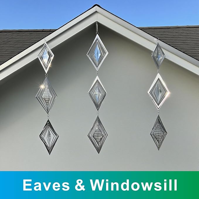 Shiny Metal Bird Reflectors Wind Spinners 360° Wind-Spinning Quiet Reflective Bird Deterrent Decor for Small Yard Orchard Bird-Prone Areas (Diamond-Shaped/Silver / 9 Pcs / 3 Set)