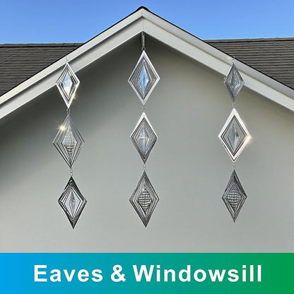 Shiny Metal Bird Reflectors Wind Spinners 360° Wind-Spinning Quiet Reflective Bird Deterrent Decor for Small Yard Orchard Bird-Prone Areas (Diamond-Shaped/Silver / 9 Pcs / 3 Set)