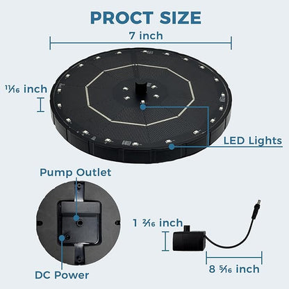 Solar Fountain for Bird Bath with Colorful LED Lights, Floating Solar Fountain, 3W Solar Powered Water Fountain Pump with Strong Spray & 5 Nozzles for Garden, Pond, Pool, 26 LED Lights