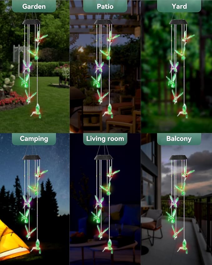 DOUBLEZHE Solar Wind Chimes for Outside, Color Changing Hummingbird Wind Chime Outdoor Clearance, Birthday Gifts for Mom Women Grandma Wife Girls, Unique Decor Colorful Patio Yard Party Decoration