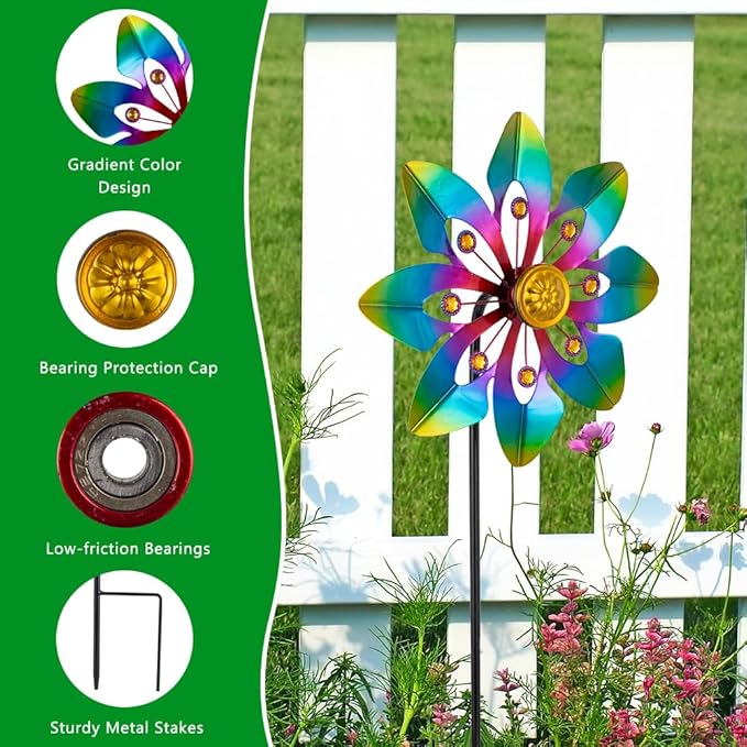 VEWOGARDEN 2 Pack Wind Spinners Outdoor, Metal Wind Spinner with Flower Design for Yard Garden Lawn Decorations, Colorful