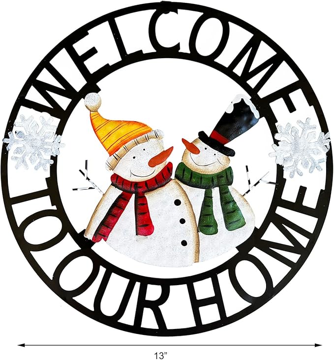 Metal Hanging Rustic Snowmen Welcome Door Wreath,13''x13'',Vintage Christmas Snowman Porch Decor Front Door Wreaths Garden Welcome Sign Indoor Outdoor Decorations for Winter Christmas Decor