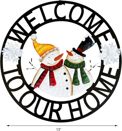 Metal Hanging Rustic Snowmen Welcome Door Wreath,13''x13'',Vintage Christmas Snowman Porch Decor Front Door Wreaths Garden Welcome Sign Indoor Outdoor Decorations for Winter Christmas Decor