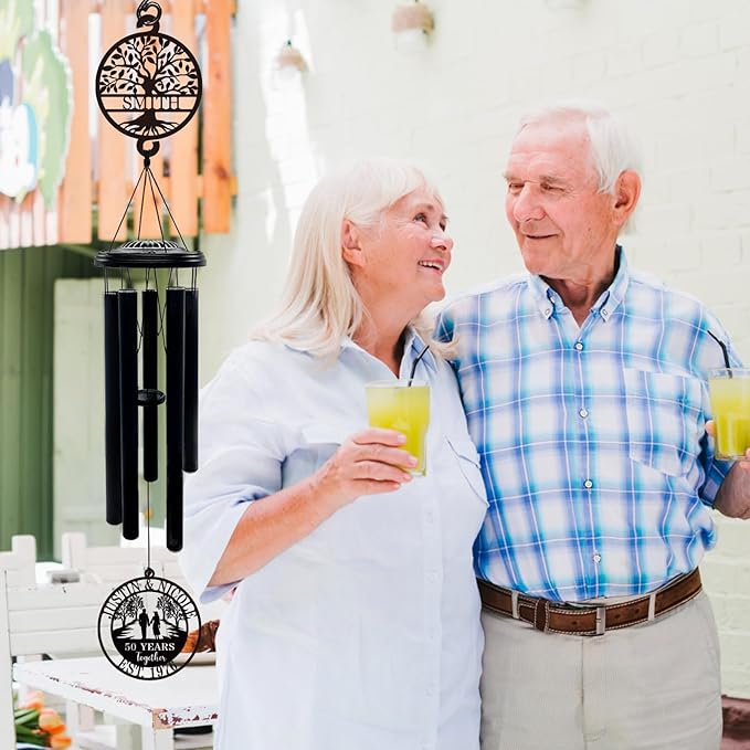 Personalized 50th Anniversary Wind Chimes, 37" Golden Wedding Wind Chime with Custom Family Name Metal Sign,50 Years Together Gift for Parents Grandparents Couples, Outdoor Garden Decor