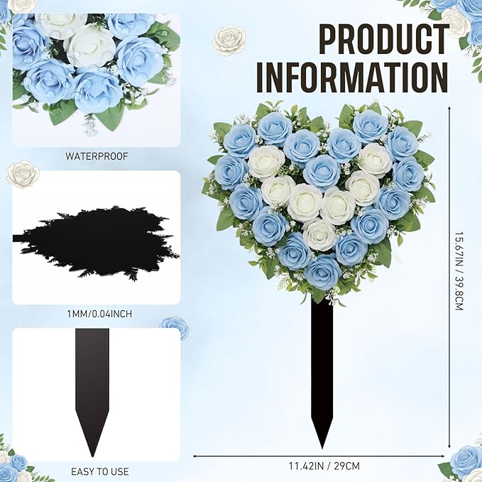 Frienda 2 Sets Cemetery Flowers Grave Stake Metal Floral Decor for Tombstone, Outdoor Gravesite Markers for Mom Dad, Memorial Day Spring Easter Grave Decor(Heart,Blue,White)