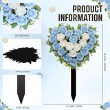 Frienda 2 Sets Cemetery Flowers Grave Stake Metal Floral Decor for Tombstone, Outdoor Gravesite Markers for Mom Dad, Memorial Day Spring Easter Grave Decor(Heart,Blue,White)