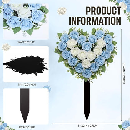 Frienda 2 Sets Cemetery Flowers Grave Stake Metal Floral Decor for Tombstone, Outdoor Gravesite Markers for Mom Dad, Memorial Day Spring Easter Grave Decor(Heart,Blue,White)