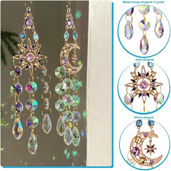 Crystal Suncatcher, Sun Catcher Crystals for Window Hanging, Crystal Wind Chimes Outdoor Indoor Decoration, Hanging Crystals Prism Suncatcher for Garden Decor Wedding Party (Moon)