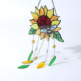 Stained Glass Suncatcher, Sunflower and Ladybug Window Hanging, 20 x 8 inches, Hand-Painted (Style 2)