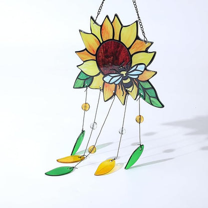 Stained Glass Suncatcher, Sunflower and Ladybug Window Hanging, 20 x 8 inches, Hand-Painted (Style 2)