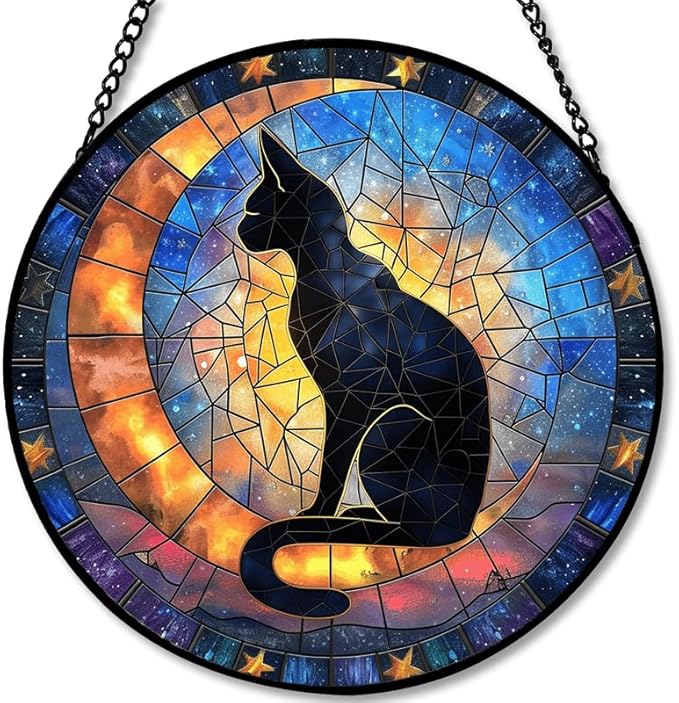 Stained Glass Window Hanging - Celestial Black Cat & Stars 11.8in Sun Catchers Indoor Stained Glass Panels Wall Decor for Mom, Wife, Lovers, Festive