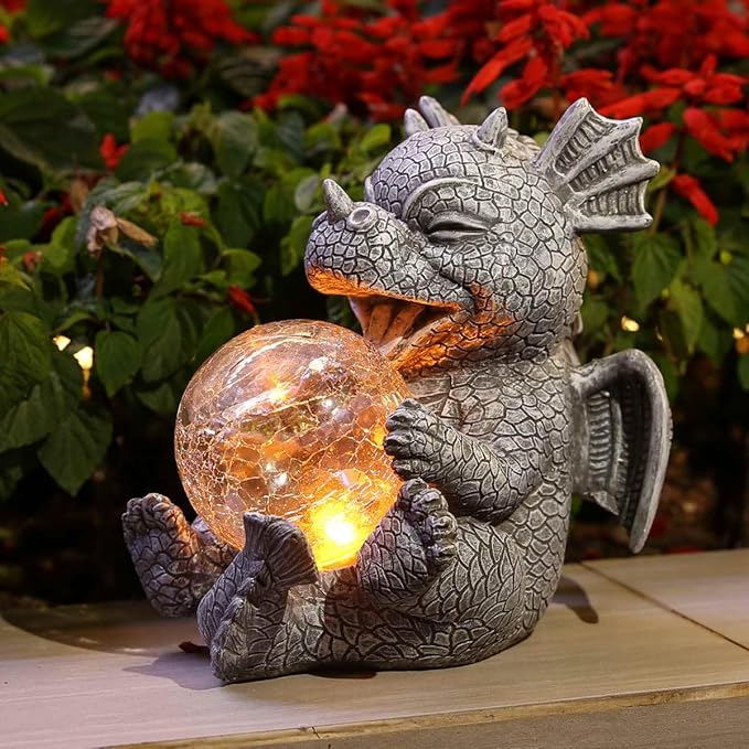 Solar Powered Garden Dragon Statue with Glowing Glass Ball - Outdoor Decoration, Automatic Dusk to Dawn, Weather Resistant Sculpture for Gardens, courtyards, and terraces - Unique Gift