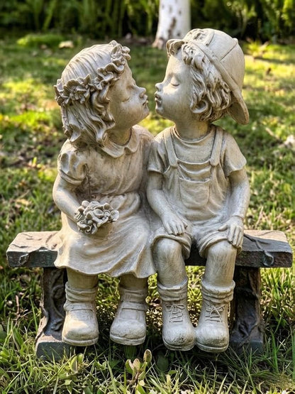 First Kiss Garden Outdoor Statue Decorative, Flower Bed Decor Puppy Love Kissing Couple, Boy and Girl Kissing Garden Figurine for Yard Patio Art