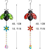 19'' Crystal Garden Suncatcher Decor Set 2 Stained Glass Metal Ladybugs Window Hanging Crystal Prisms Suncatcher for Outdoors Rainbow Maker (Red & Green)