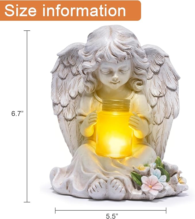basen Solar Angel Garden Statue with Lighted Wishing Jar, Resin Outdoor Guardian Angel Figurine, Waterproof Lawn Yard Patio Decor, Memorial Sympathy Sculpture for Porch Backyard Gift