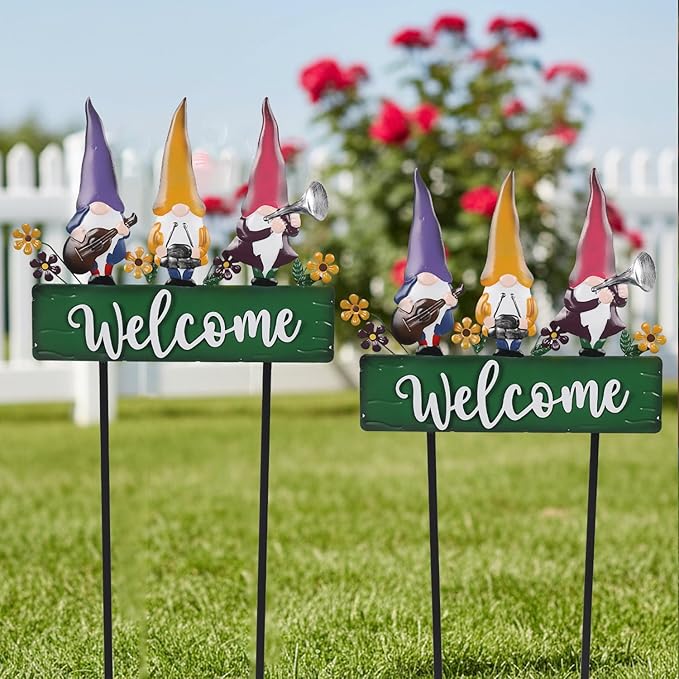 Spring Gnomes Decorations for Yard with Garden Welcome Sign, Large 43.3inch Musical Gnome Decorative Garden Stakes Metal Yard Art for Outdoor Lawn Decorations