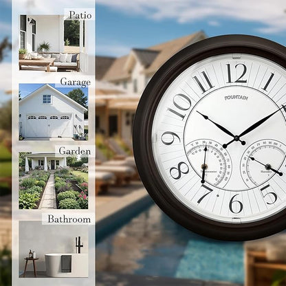 18 Inch Illuminated in/Outdoor Clock with Smart Sensor and Night Light, Waterproof, Large Wall Clock with Thermometer & Hygrometer for Patio,Pool and Garden Decor,Oil Rubbed Bronze