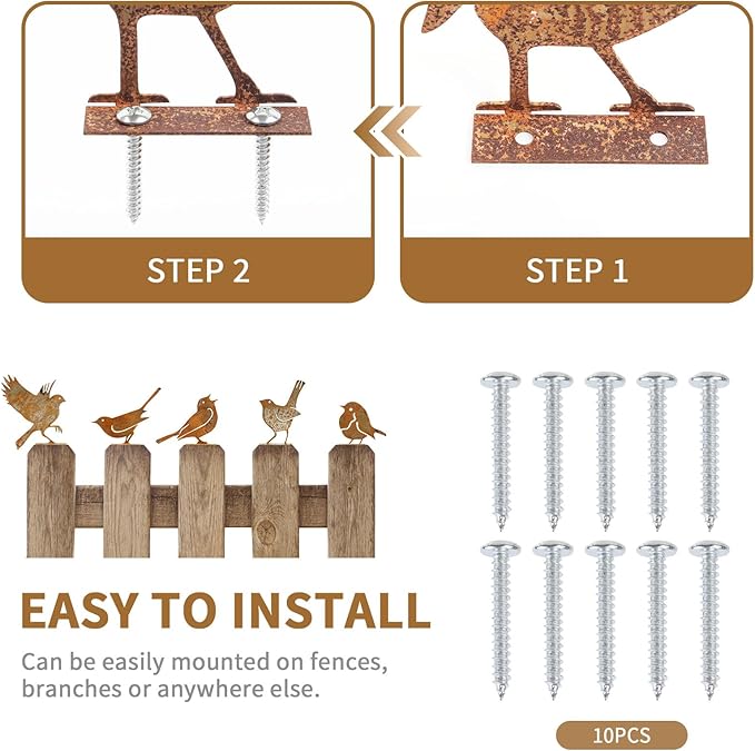Geila 5PCS Rusty Birds Decoration, Fence Decorations Outdoor, Metal Birds Yard Decor Perfect Yard Art and Large Outdoor Ornaments (E)
