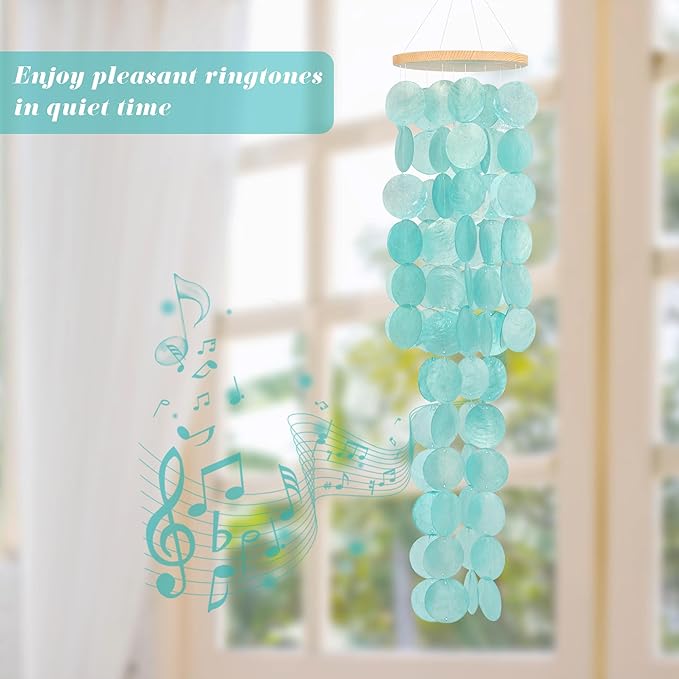 Wind Chimes for Outside - 31'' Handcrafted Turquoise Capiz Shells Windchime Coastal Style Decor for Indoor/Outdoors, Garden Decor, Great for Women, Wind Chimes Lovers and More