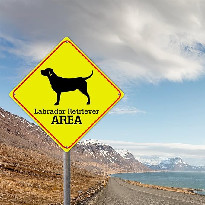 Labrador Retriever Area Xing Caution Crossing Sign Labrador Retriever Dog Metal Tin Sign Warning Sign Novelty Road Fence Yard Wall Decor For Indoor Outdoor 12x12in
