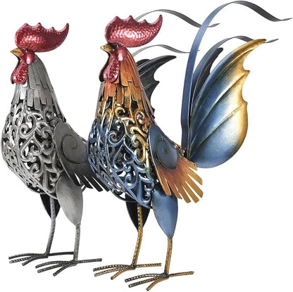 18" Metal Roosters Garden Statues Outdoor Decor - Carved Iron Rooster Yard Art for Patio, Lawn, Backyard, Farmhouse - Chicken Lover Gifts-Set of 2