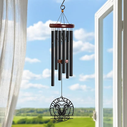 Personalized Customize Name 12 Zodiac Signs Wind Chime, Metal Iron 37 Inch Outdoor Memorial Gift for Garden Yard Patio Home Decor, Black (Aries)