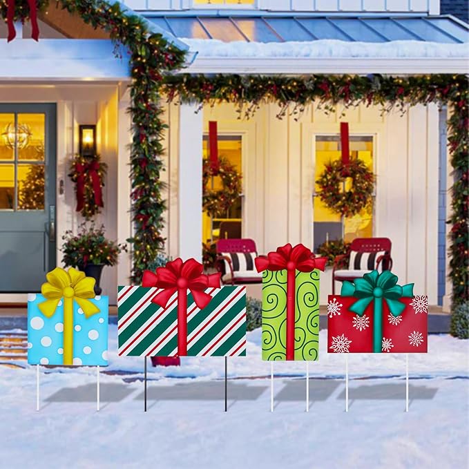 Afirst Christmas Yard Stakes Gift Box Christmas Yard Decorations Detachable 4 Stacked Gifts Box Metal Garden Stakes Outdoor Xmas Stake Lawn Pathway Outdoor Decoration