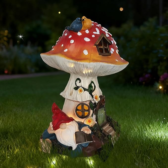 Solar-Powered Mushroom House Garden Statue–Gnome Figurine Reading Book,Vibrant Bird Accents,Weather-Resistant Resin Material,Outdoor Ornament for Yard,Patio,Lawn,Flower Bed Porch Decor
