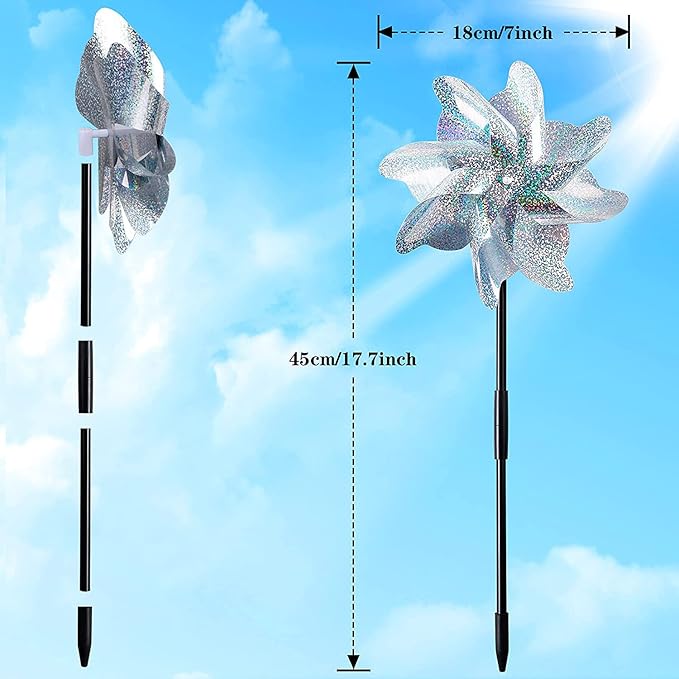 NOVWANG 16 PCS Reflective Pinwheels with Stakes, Extra Sparkly Pinwheels for Yard and Garden Pinwheels Bulk, Bird and Animal Deterrent Device to Scare Birds Away from Patio(Silver)