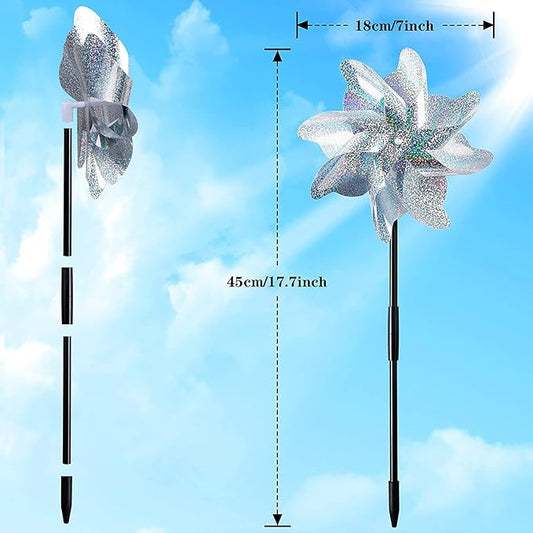 NOVWANG 16 PCS Reflective Pinwheels with Stakes, Extra Sparkly Pinwheels for Yard and Garden Pinwheels Bulk, Bird and Animal Deterrent Device to Scare Birds Away from Patio(Silver)
