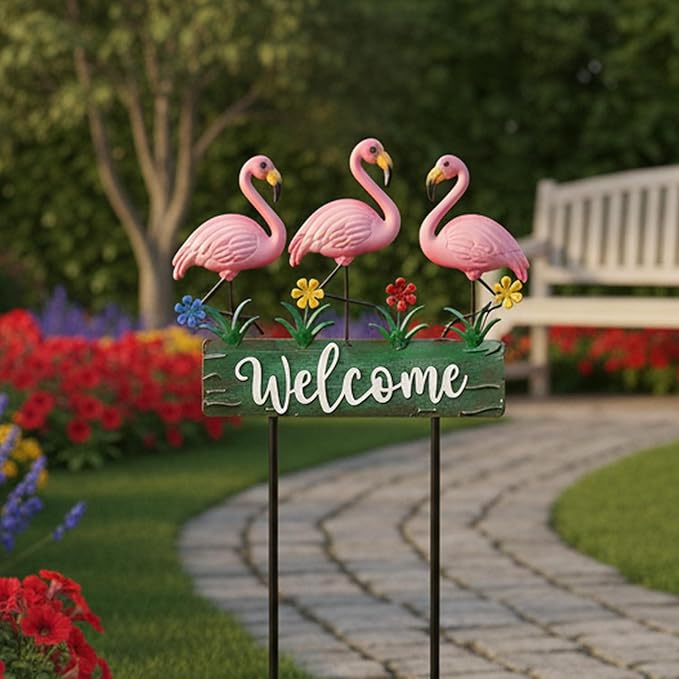 43.3inch Flamingo Garden Stakes with Vintage Welcome Yard Sign, Flamingo Outdoor Decor Metal Yard Art Ornaments for Outside Landscape, for Wife