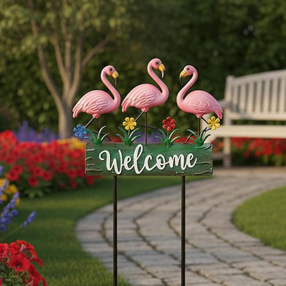 43.3inch Flamingo Garden Stakes with Vintage Welcome Yard Sign, Flamingo Outdoor Decor Metal Yard Art Ornaments for Outside Landscape, for Wife