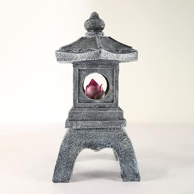 13 Inch Solar Pagoda Lantern Outdoor Statue, Pagoda Sculpture with Solar Lotus Light Asian Decor Zen Garden Art Japanese Temple Pagoda Lamp for Patio Yard Lawn Home Decorations Ornament Gift