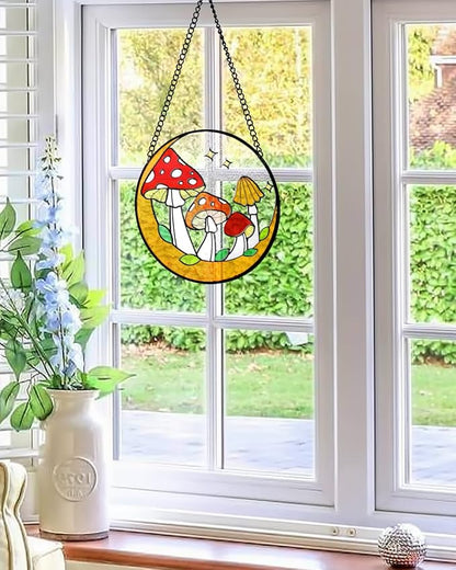 Tuitessine Mushroom Stained Glass Suncatcher, Hand-Painted Toadstools Window Hanging Decorative Glass Panel for Home & Garden, Boho Nature Gift for Women & Housewarmings