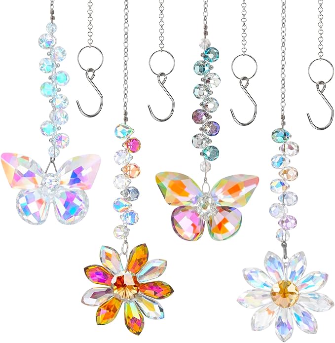 4 PCS Crystal Suncatchers 2PCS Butterfly 2PCS Flower Window Hanging Ornaments Rainbow Maker for Indoor Outdoor Garden Wedding Decor Gifts