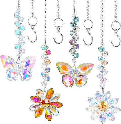 4 PCS Crystal Suncatchers 2PCS Butterfly 2PCS Flower Window Hanging Ornaments Rainbow Maker for Indoor Outdoor Garden Wedding Decor Gifts