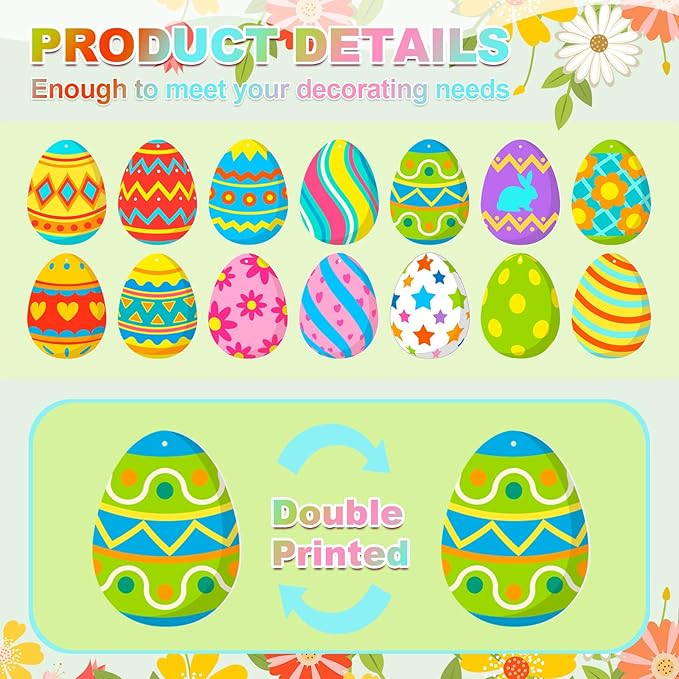Ferraycle 16 Pcs Easter Decorations Outdoor Easter Eggs Hanging Yard Signs 7.9 Inch Large Colorful Egg Shaped Double Sided Plastic Slices Ornaments for Tree Porch Yard Outside Party Decor(Floral Egg)