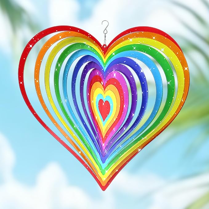 Wazzio Love Heart Wind Spinners Outdoor, Hanging Wind Spinners for Birthday Christmas Valentines Day, 12 inch Outdoor Indoor Hanging Ornament for Garden Porch Backyard Lawn