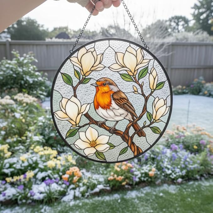 Robin Stained Glass Suncatcher Window Hanging, Bird Ornament Decor for Window, Robin Ornament for Women, Nature Lovers Gift Idea, Bird Suncatcher Stained Glass, Nature Decor for Home