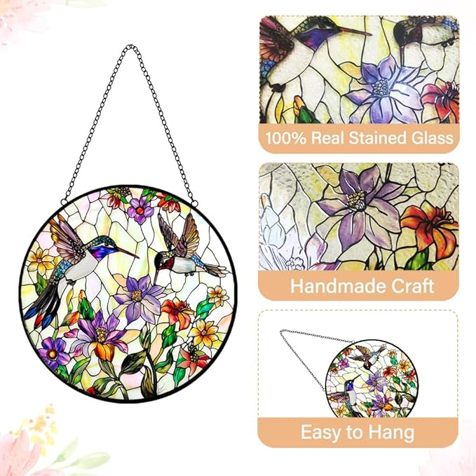 Hummingbird Stained Glass Suncatcher Window Hanging - Handmade Birds Flowers Sun Catchers Ornament - Suncatchers for Doors Home Garden Decor - Mother's Day Birthday Bird Lover Gift for Mom Grandma
