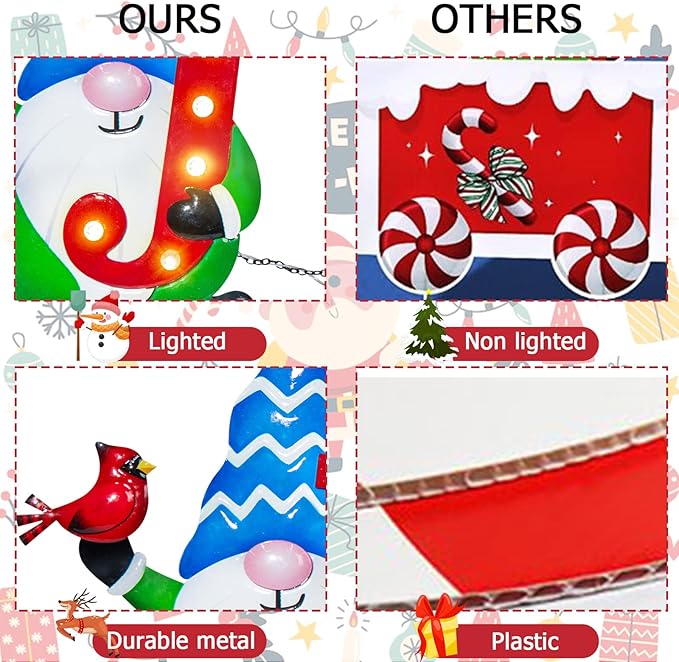 Afirst Christmas Yard Stakes Metal Christmas Outdoor Yard Decoration Gnomes Holding Joy Lighted Metal Stakes Outdoor Xmas Stake Lawn Pathway Garden Decoration