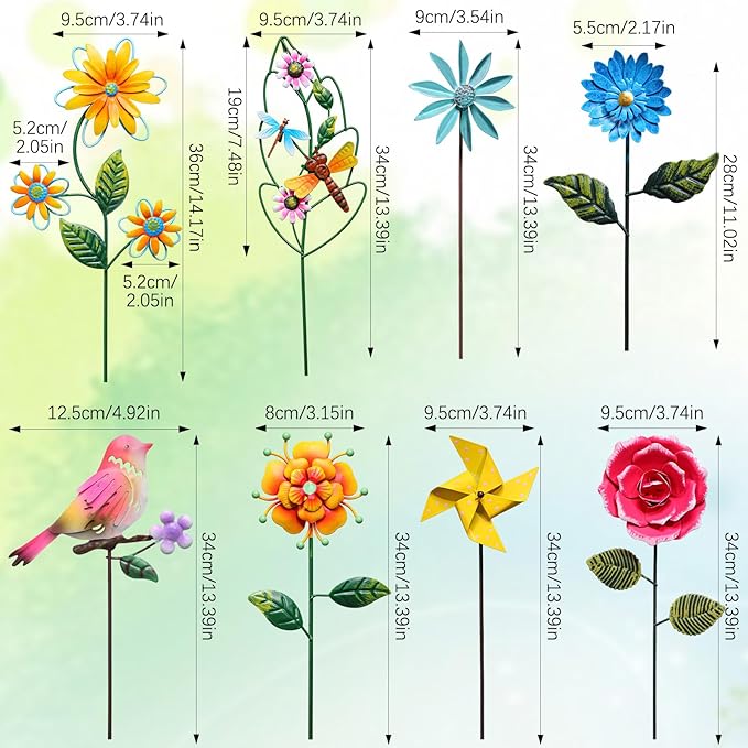 8 Pcs Metal Flower Garden Stakes for Outside Outdoor 14" Spring Wildflowers Metal Signs Waterproof Decorations Bird Dragonfly Windmill Landscape Ornament for Lawn Yard Garden Patio Porch Art