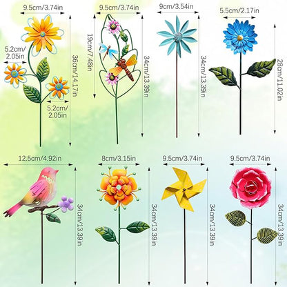 8 Pcs Metal Flower Garden Stakes for Outside Outdoor 14" Spring Wildflowers Metal Signs Waterproof Decorations Bird Dragonfly Windmill Landscape Ornament for Lawn Yard Garden Patio Porch Art